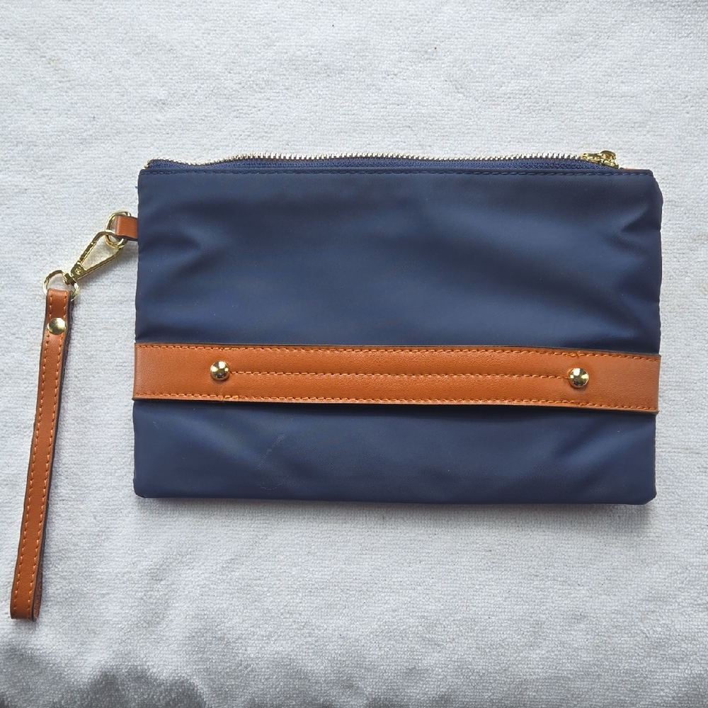 ✨ Navy & British Tan Leather Hand-Slider Clutch/ Wristlet ✨